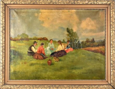 Zórád Géza (1896-1959): Terefere. Olaj, vászon, jelzett. Apró felületi sérülésekkel. Dekoratív, kissé sérült fakeretben. 60x80 cm