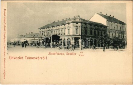 Temesvár, Timisoara; Józsefváros, Scudier tér, piac, Gaszner József üzlete. Kossak József fényképész kiadása / Iosefin, square, shop, market (EK)
