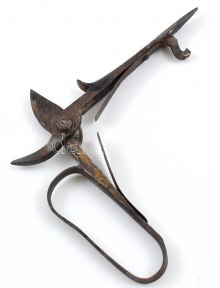 Régi fém metszőolló, rozsdafoltos, h: 21,5 cm