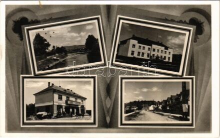 1942 Ilosva, Irsava, Irshava; folyó, községháza, Molnár László üzlete, fodrász, utca / river, town hall, shop, street, hairdresser