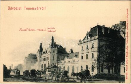 Temesvár, Timisoara; Józsefváros, Vasúti indóház, lovas hintók. Kossak József fényképész kiadása / Iosefin, railway station, horse chariots
