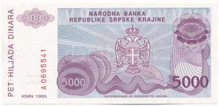Horvátország / Krajnai Szerb Köztársaság 1993. 5000D 'A 0695541' T:I- Croatia / Republic of Serbian Krajina 1993. 5000 Dinara 'A 0695541' C:AU Krause P#R20a