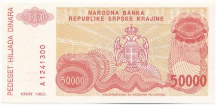 Horvátország / Krajnai Szerb Köztársaság 1993. 50.000D 'A 1241300' T:I- Croatia / Republic of Serbian Krajina 1993. 50.000 Dinara 'A 1241300' C:AU Krause P#R21a
