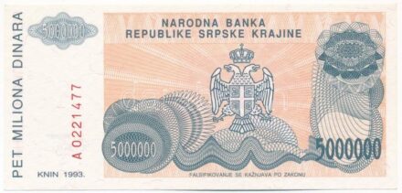 Horvátország / Krajnai Szerb Köztársaság 1993. 5.000.000D 'A 0221477' T:I- Croatia / Republic of Serbian Krajina 1993. 5.000.000 Dinara 'A 0221477' C:AU Krause P#R24a