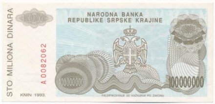 Horvátország / Krajnai Szerb Köztársaság 1993. 100.000.000D 'A 0082062' T:I- Croatia / Republic of Serbian Krajina 1993. 100.000.000 Dinara 'A 0082062' C:AU Krause P#R25a