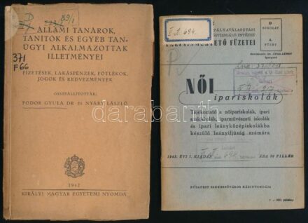 1942-1943 Állami tanárok, tanítók és egyéb tanügyi alkalmazottak illetményei. Fizetések, lakáspénzek, pótlékok, jogok és kedvezmények. Össszeáll.: Fodor Gyula, Nyáry László. Bp., 1942, Kir. M. Egyetemi Nyomda, 137 p. Sérült