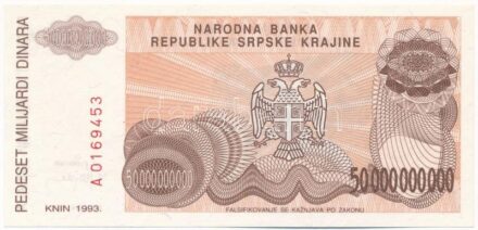Horvátország / Krajnai Szerb Köztársaság 1993. 50.000.000.000D 'A 0169453' T:I- Croatia / Republic of Serbian Krajina 1993. 50.000.000.000 Dinara 'A 0169453' C:AU Krause P#R29a