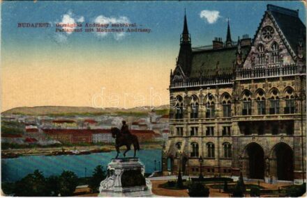1919 Budapest V. Országház Andrássy szobrával (vágott / cut)
