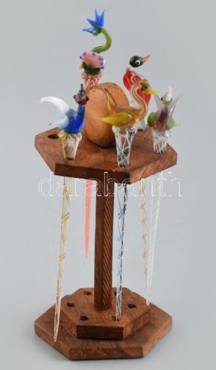5 db mini muranói madár figura, fa tartóállvánnyal, h: 11 cm