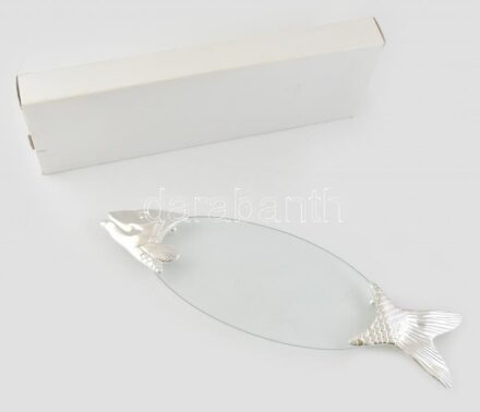 Hal formájú tálca, ezüstözött fém, üveg, hibátlan, 58x19cm