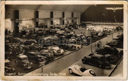 1938 Berlin, International Automobil Ausstellung. Swastika flags (EK)