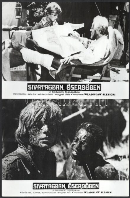 cca 1979 ,,Sivatagban, őserdőben - a beduinok fogságában' című lengyel film jelenetei és szereplői, 6 db vintage produkciós filmfotó, ezüst zselatinos fotópapíron, 18x24 cm