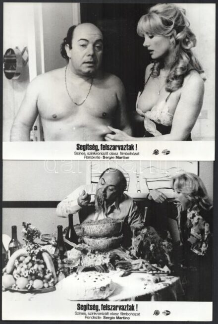1981 ,,Segítség, felszarvaztak' című olasz film jelenetei és szereplői, 8 db vintage produkciós filmfotó, ezüst zselatinos fotópapíron, 18x24 cm