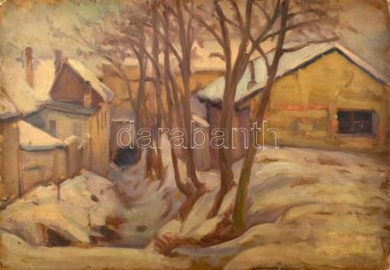 Joachim József (1897-1954): Budafoki részlet. Olaj, karton. Jelzés nélkül. Kétoldalas mű, a hátoldalán: Erdőrészlet. Mindkét oldalán sérült. 70x48 cm