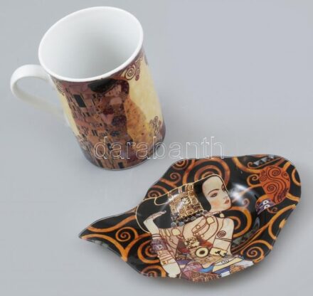 Gustav Klimt dekorral ellátott porcelán bögre és üveg tálka. Matricás, jelzett, hibátlan, m: 10 cm, 16x11 cm