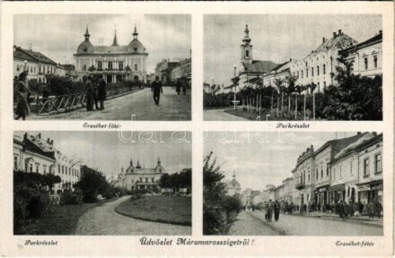 Máramarossziget, Sighetu Marmatiei; Erzsébet főtér, Park, üzletek / square, park, shops