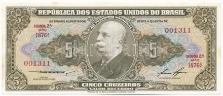Brazília DN (1958) 5c '1876A 001311' T:I- kis folt Brazil ND (1958) 5 Cruzeiros '1876A 001311' C:AU small spot Krause P#158d