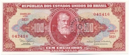 Brazília DN (1966) 100c '10 Centavos' felülbélyegzéssel '583A 042416' T:I Brazil ND (1966) 100 Cruzeiros with '10 Centavos' overprint '583A 042416' C:UNC Krause P#185a