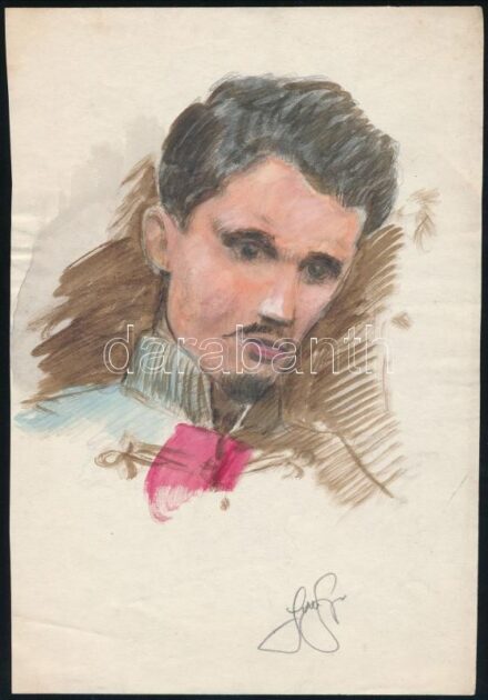 Jakab Gyula (1910-1991): Petőfi Sándor portré. Ceruza, akvarell, papír, jelzett, 21x14,5 cm