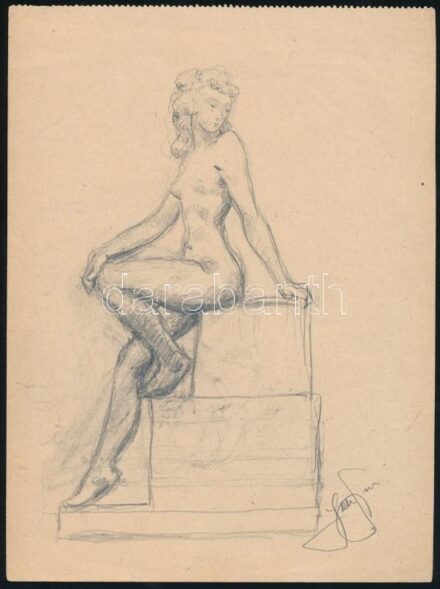 Jakab Gyula (1910-1991): Ülő akt. Ceruza, papír, jelzett, 19x14 cm