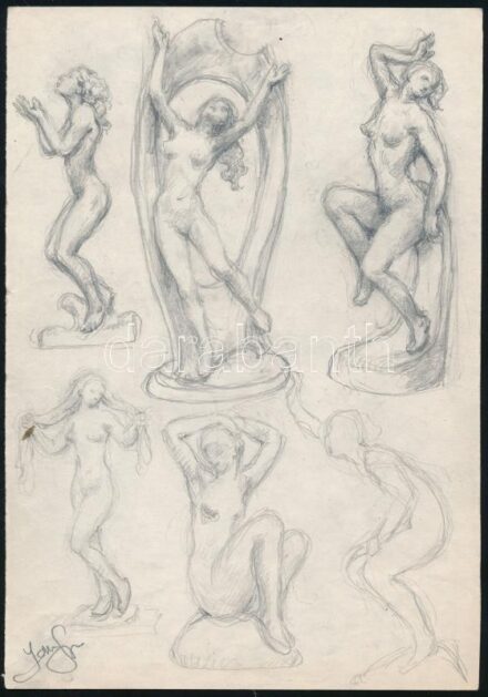 Jakab Gyula (1910-1991): Aktok és formák. Ceruza, papír, jelzett, kétoldalas, 21x14,5 cm