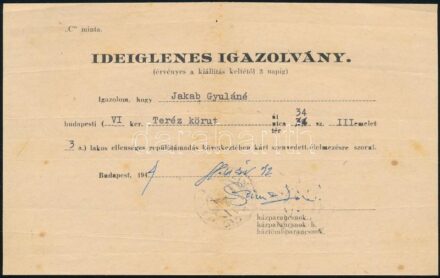 1944 Bp., ideiglenes igazolvány repülőtámadás következtében kárt szenvedett, élelmezésre szoruló személy számára, kissé foltos