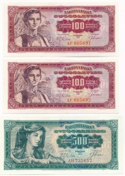 Jugoszlávia 1963. 100D (2x) sorszámkövetők 'AF 005691 - AF 005692' + 500D 'AH 735657' T:I Yugoslavia 1963. 100 Dinara (2x) consecutive serials 'AF 005691 - AF 005692' + 500 Dinara 'AH 735656' C:UNC