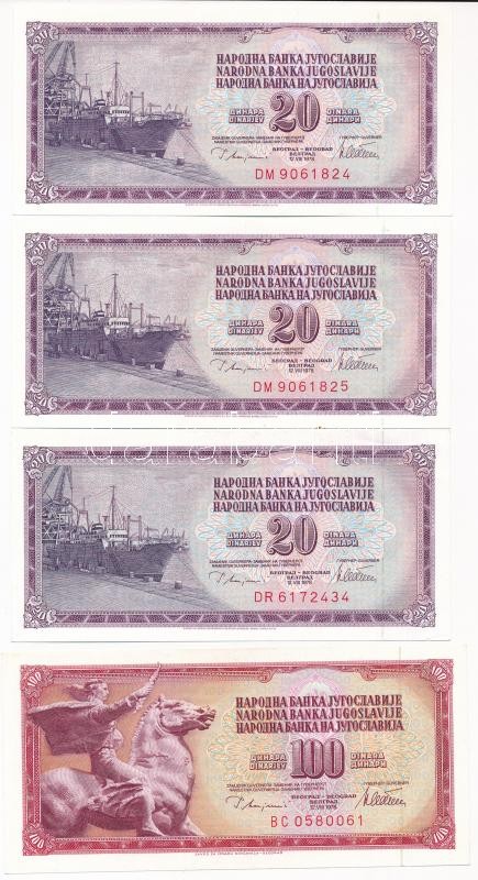 Jugoszlávia 1978. 20D (3x) közte sorszámkövető pár 'DM 9061824 - DM 9061825' + 100D T:I,I- Yugoslavia 1978. 20 Dinara (3x) with consecutive pair 'DM 9061824 - DM 9061825' + 100D C:UNC,AU