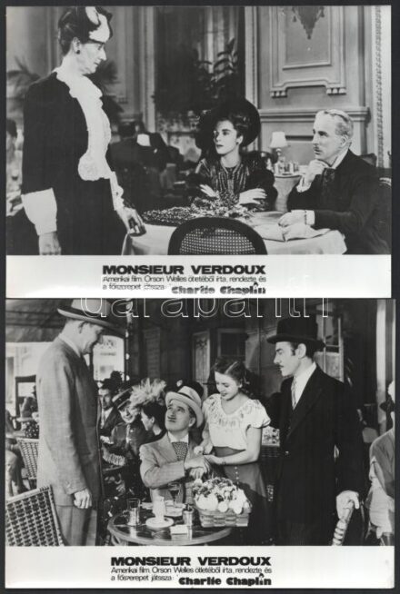 cca 1947 ,,Monsieur Verdoux' című amerikai film jelenetei és szereplői (Charlie Chaplin főszereplésével és rendezésében), 11 db vintage produkciós filmfotó, ezüst zselatinos fotópapíron, 18x24 cm