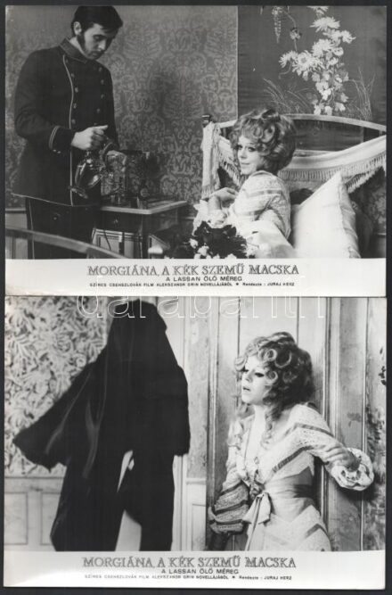 cca 1972 ,,Morgánia, a kék szemű macska' című csehszlovák film jelenetei és szereplői, 13 db vintage produkciós filmfotó, ezüst zselatinos fotópapíron, 18x24 cm