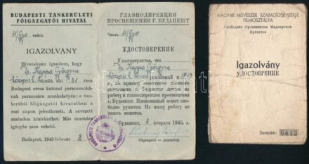 1941-1945 Vegyes igazolvány tétel, közte fényképesek, Vöröskereszt, Magyar Optikai Művek, Magyar Művészek Szabadszervezete Filmosztálya