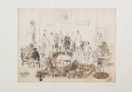 Láng Rudolf (1904-1991): Presszóban, rézkarc, papír, jelzett, 29,5x39cm,