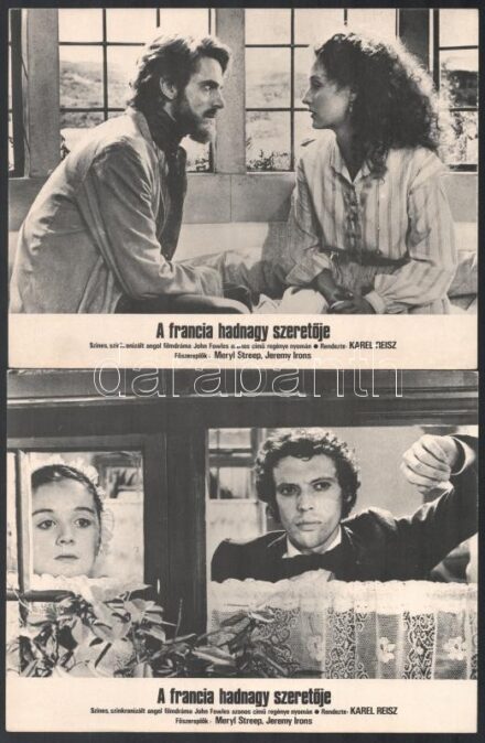 1981 ,,A francia hadnagy szeretője' című angol film jelenetei és szereplői, 9 db produkciós filmfotó, ofszet nyomdai eljárással, egyoldalasan, kartonlapra sokszorosítva, 18x23,5 cm
