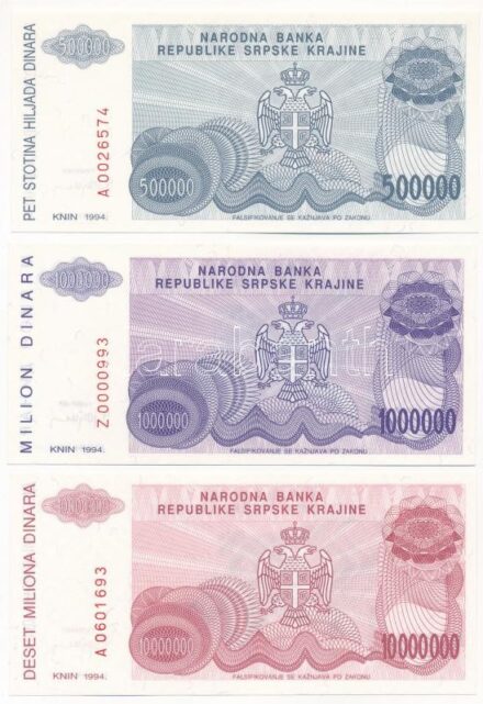 Horvátország / Krajna Szerb Köztársaság / Knin 1994. 500.000D + 1.000.000D pótkiadás alacsony 'Z 0000993' sorszámmal + 10.000.000D T:I Croatia / Republic of Serbian Krajina / Knin 1994. 500.000 Dinara + 1.000.000 Dinara replacement note