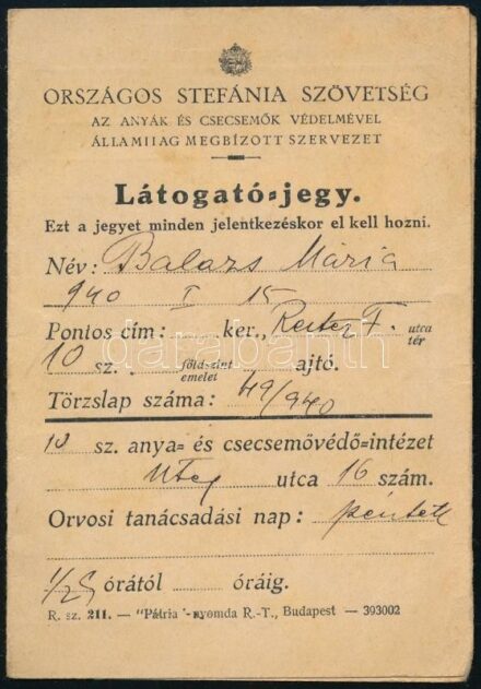 1940 Országos Stefánia Szövetség csecsemővédelmi látogatójegy