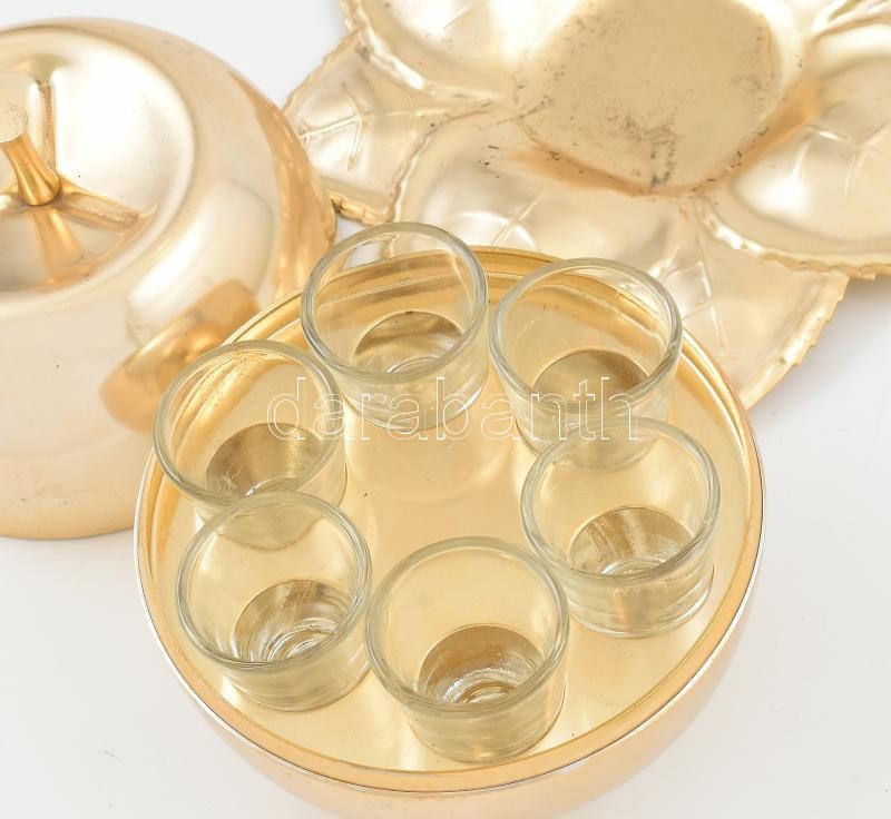 Retro italos készlet fém alma, benne 6 db pálinkás pohárral. d: 12 cm - Image 2