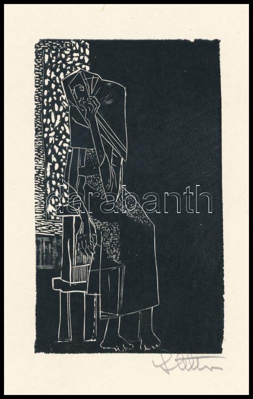 Stettner Béla (1928-1984): Nagyanyám, 1966. Fametszet, papír, jelzett, hátoldalán számozott (183/200), 10x6 cm - Image 2