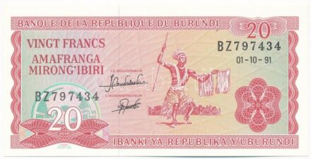 Burundi 1991. 20Fr 'BZ 797434' T:I Burundi 1991. 20 Francs 'BZ 797434' C:UNC Krause P#27c