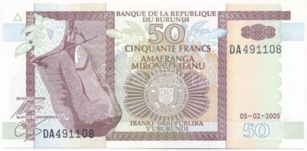 Burundi 2005. 50Fr 'DA 491108' T:I- Burundi 2005. 50 Francs 'DA 491108' C:AU Krause P#36e