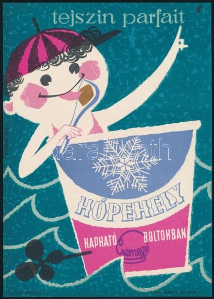 Tomaska Irén (1929-2005): 'Tejszín, parfait, Hópehely kapható a Csemege boltokban' villamosplakát, 23×16 cm
