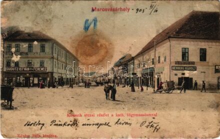 1905 Marosvásárhely, Targu Mures; Kossuth utca, katolikus főgimnázium, Dudutz István és Ferenc, Henning Károly, Falkenstein Ödön üzlete. Révész Béla kiadása / street, school, shops (fl)