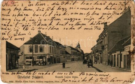 1904 Pécs, Kossuth Lajos utca, lakatos, Kernes János és Gyimothy Gyula üzlete (Rb)