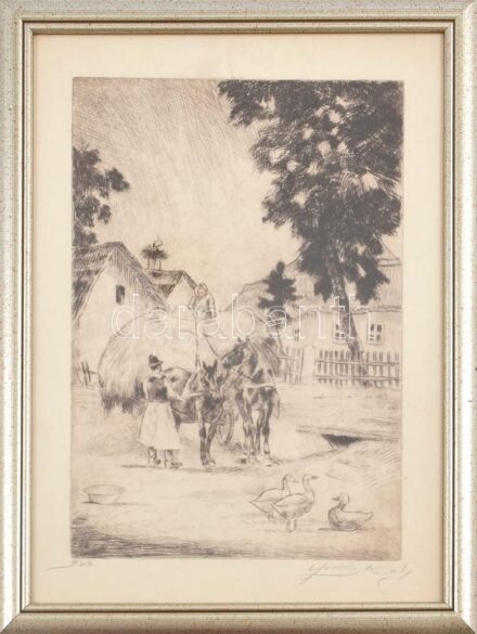 Olvashatatlan (... Károly) jelzéssel: Lovaskocsi, 1935. Rézkarc, papír. Üvegezett fakeretben, 28×19 cm