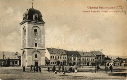 1908 Breznóbánya, Brezno nad Hronom; Kossuth Lajos tér, Harang torony, Deutsch Ede, Gallo Samu üzlete. Kreisler József kiadása / square, bell tower, shops (EK) + 'ZÓLYOM-BRÉZÓ-ZÓLYOM 97. SZ.' vasúti mozgóposta