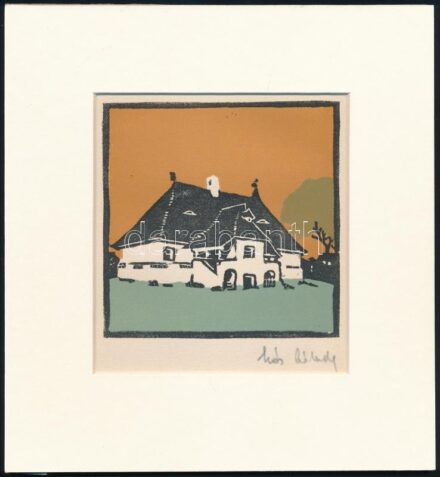 Kós Károly (1883-1977): Kúria. Linómetszet, papír, utólagos jelzéssel, paszpartuban, 11×11 cm