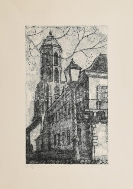 Weisz Zsuzsa (1925-2017): Mária Magdolna-templom (Buda). Rézkarc, papír, jelzett, lap széle sérült. 30,5×18 cm