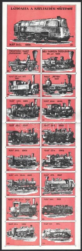 cca 1960-1970 Közlekedési Múzeum, MÁV mozdonyok gyufacímke teljes ív, 16+1 db, hajtott