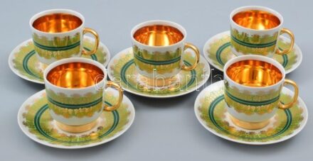 Cseh Orion porcelán csésze, aranyozott, jelzett, szép állapotban, 5db.