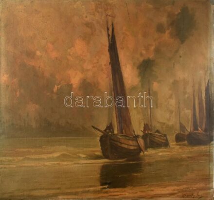 Kárpáthy Jenő (1870-1950): Vitorlások. Olaj, vászon, jelzett. Javított. 70x80 cm / Jenő Kárpáthy (1870-1950): Ships. Oil on canvas, signed. Restored. 70x80 cm