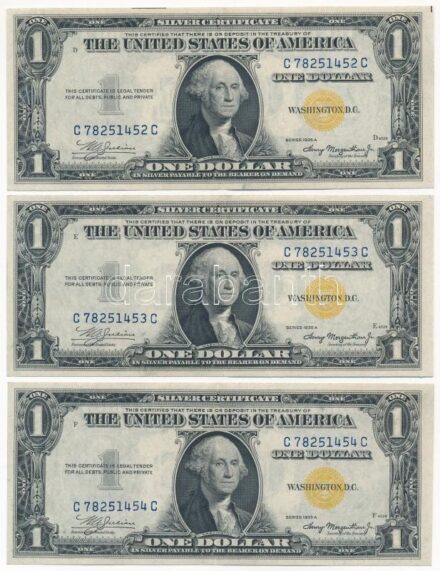 Amerikai Egyesült Államok 1934-1945. (1935A) 1$ (3x) 'Silver Certificate - kisméretű' sárga pecsét, 'William Alexander Julian - Henry Morgenthau Jr.' 'C 78251452 C - C 78251454 C' sorszámkövetők T:II-III USA 1934-1945. (1935A) 1 Dollars